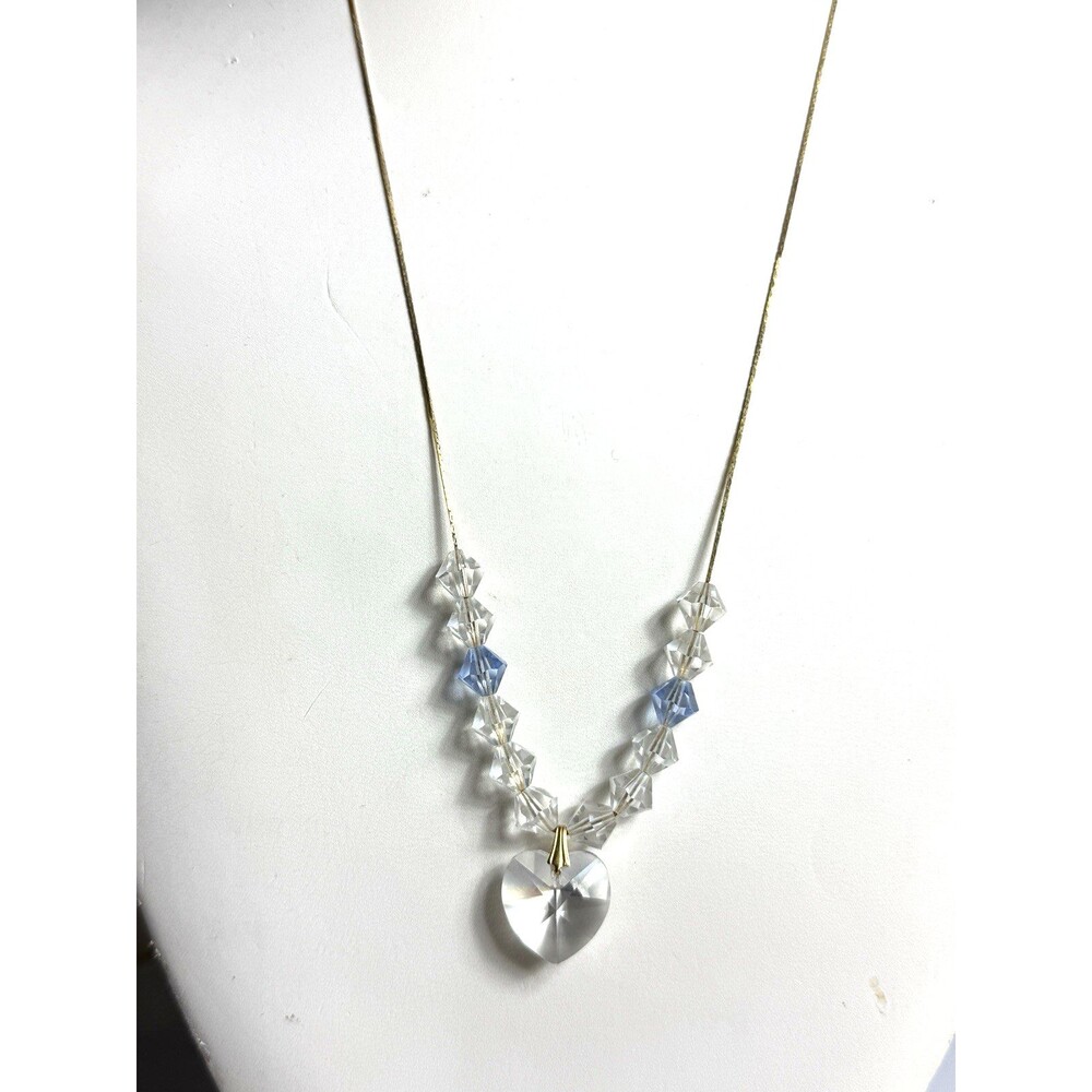 Vintage Gold -Tone Snake Chain Clear Glass Heart Pendant Necklace Pin Clasp 24"